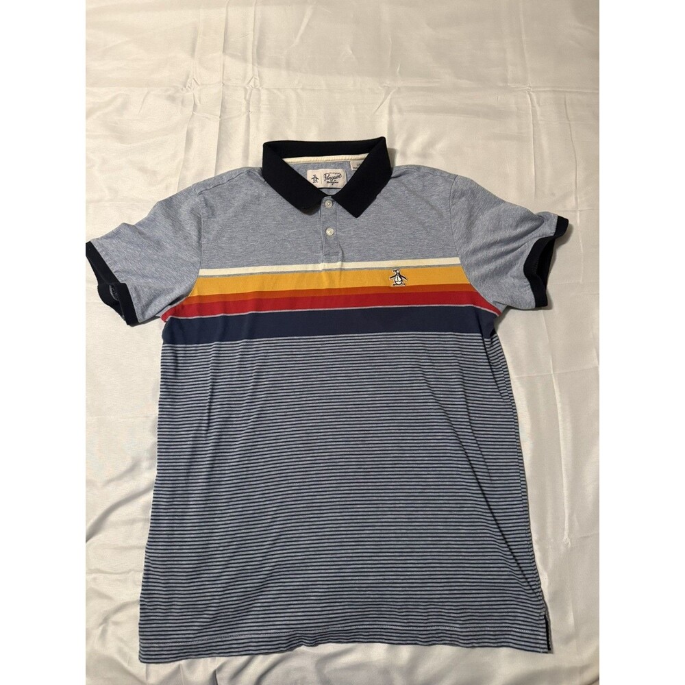 Original Penguin Mens Multi-Color Striped Polo Shirt Large Navy Yellow Red L/G